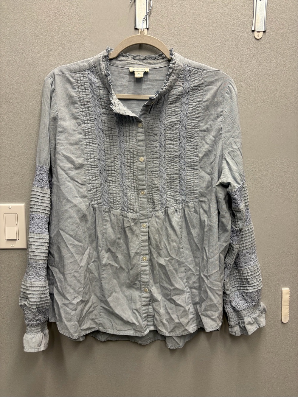 Sundance Luela light gray-blue Victorian boho Pintuck long sleeve button down XL